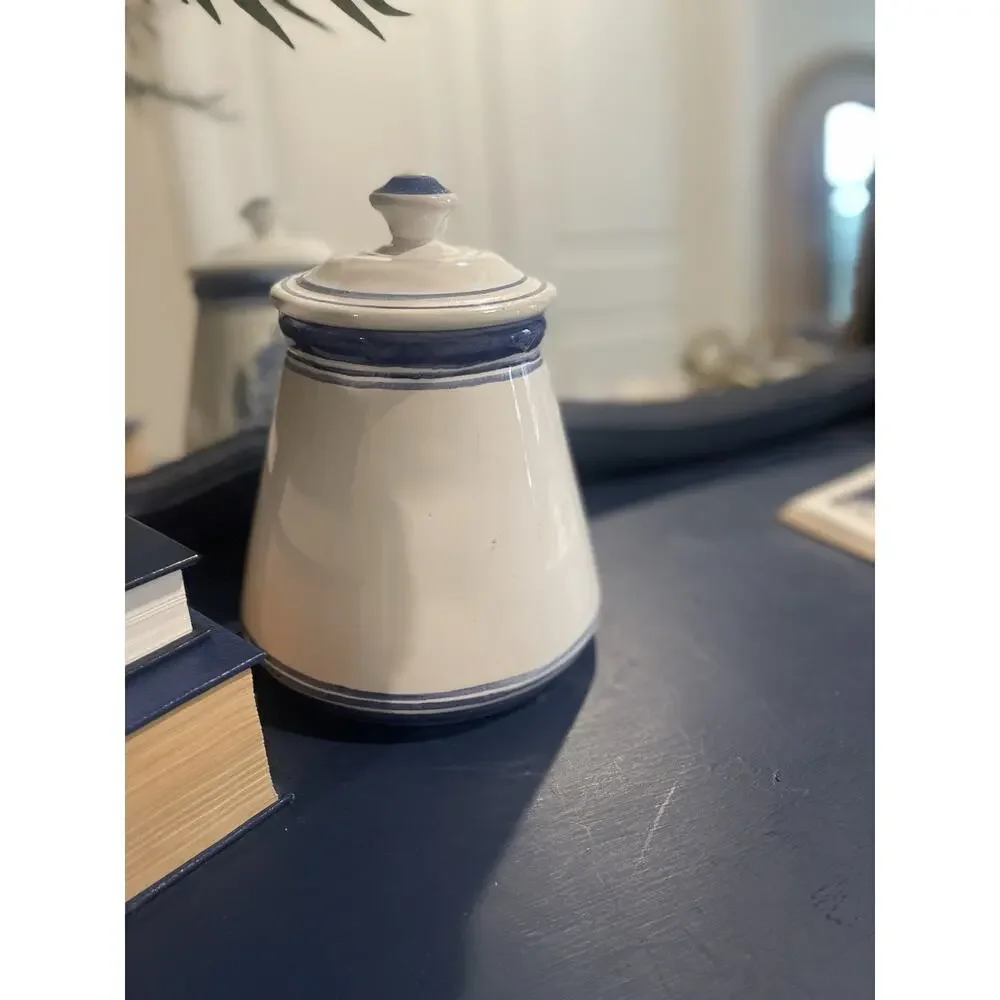Blue White Ceramic Jar Canister w/Lid Faiancas Belo style Royal Crest Portuguese